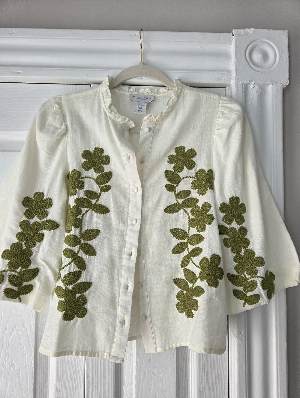 CALYPSO Crewcuts Cream Button-Up Top with Olive Green Floral Embroidery
